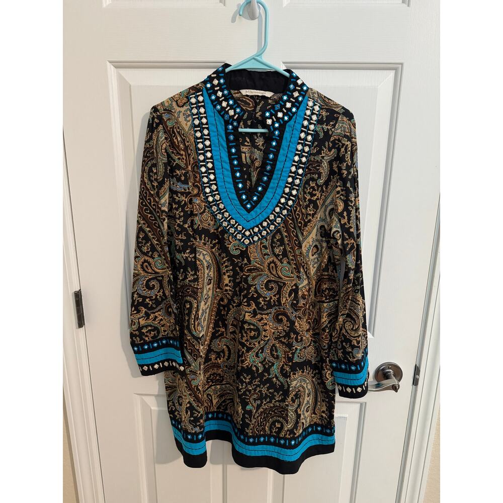 Soft Surroundings Aubrey Paisley Cotton Embroidered Tunic Black Tan Teal Size S